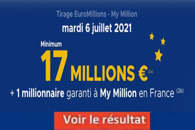 Résultat Euromillions et My Million tirage FDJ 6 juillet 2021 et gains