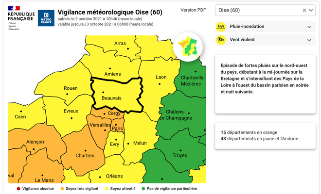 Oise / Météo du samedi 2 octobre : vigilance jaune pour vent violent à partir de 18h