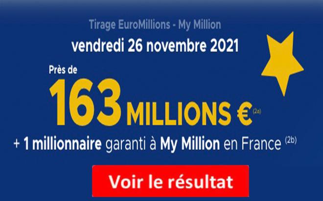 Résultat Euromillions et My Million du 26 novembre 2021 et grille des gains