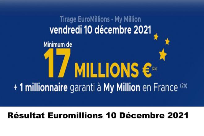 Résultat Euromillions et My Million du 10 décembre 2021 et grille des gains