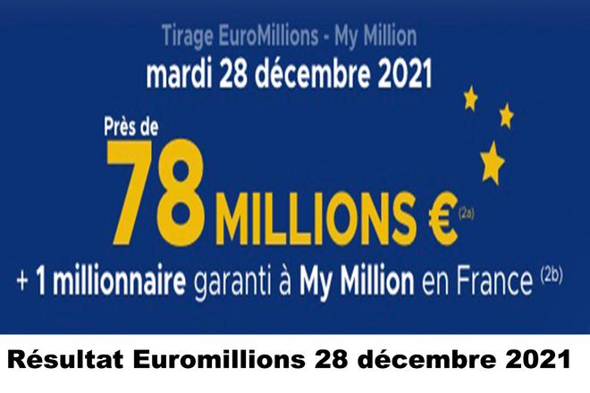 Résultat Euromillions et My Million du 28 décembre 2021 et grille des gains