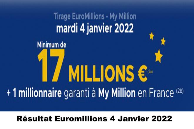 Résultat Euromillions et My Million du 4 janvier 2022 et grille des gains