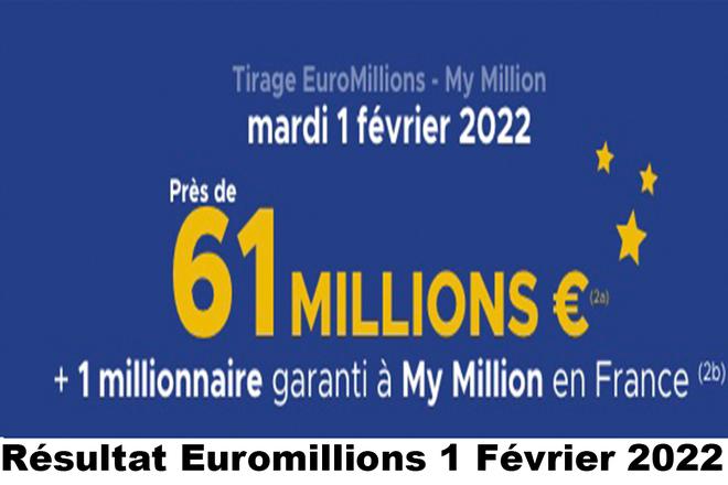 Résultat Euromillions et My Million du 1 Février 2022 et grille des gains