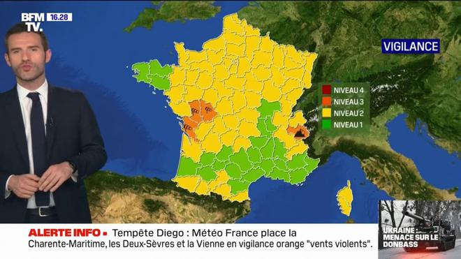 Tempête Diego: Météo France place la Charente-Maritime, les Deux-Sèvres et la Vienne en vigilance orange "vents violents"