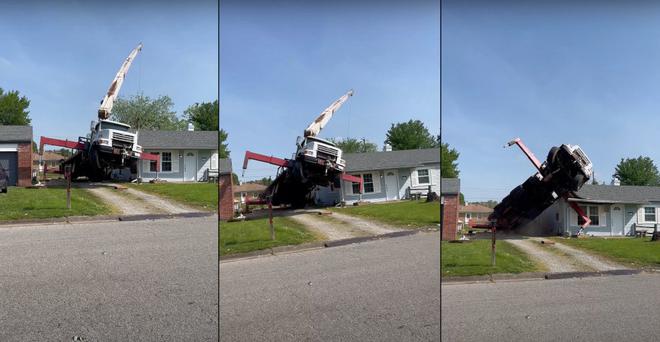 Un camion grue se retourne en tentant d’arracher un arbre [video]