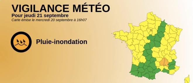 Météo France place les départements de la Drôme et de l'Ardèche en vigilance orange pluie-inondation pour la journée de demain