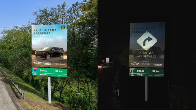 Chevrolet détourne ses pubs en signalisations lumineuses la nuit